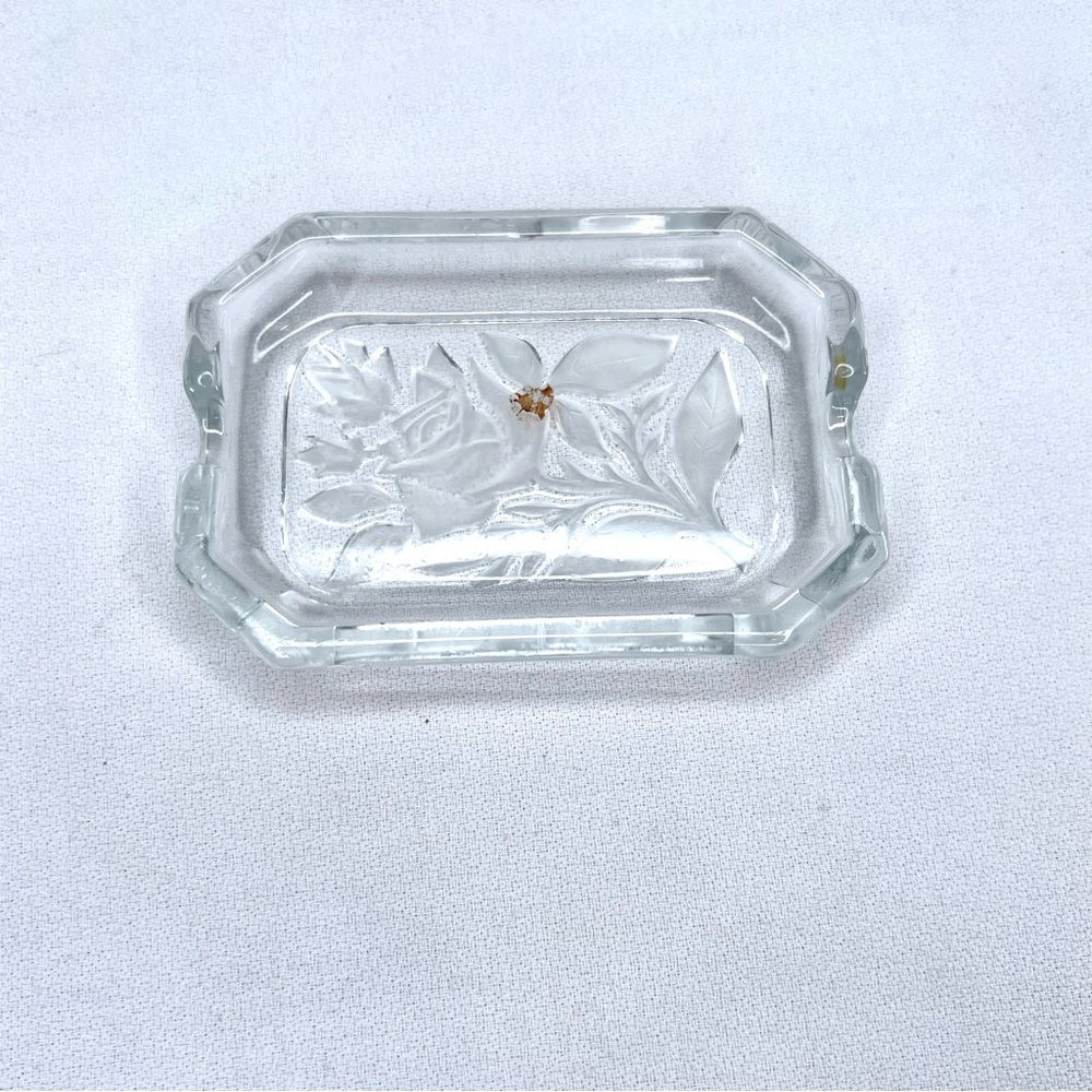 Small Rectangle Clear Ashtray Frosted Etched Rose Vintage Art Deco Floral